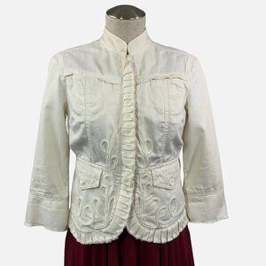 DKNY Jeans Embroidered Pleated Hip Length Cotton Jacket Cream Size Small